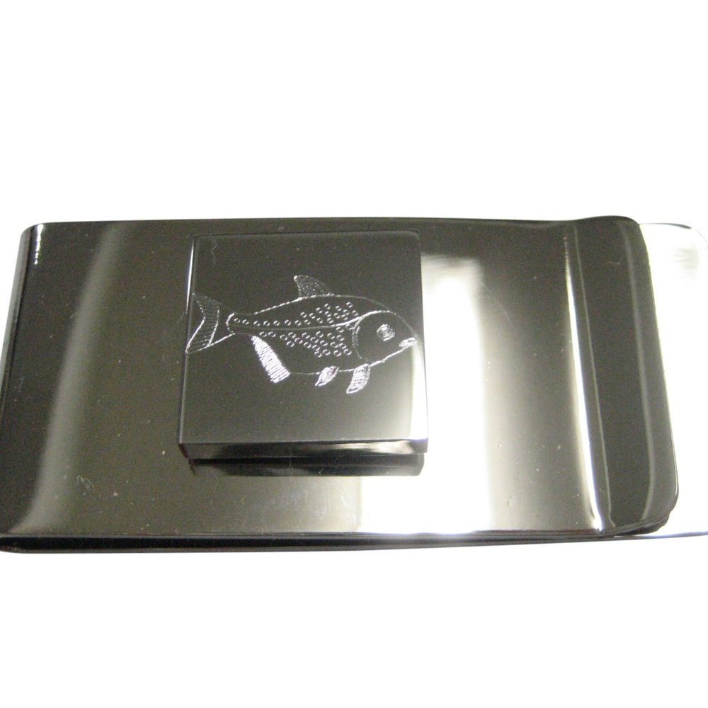 Silver Toned Square Etched Piranha Pirana Fish Money Clip